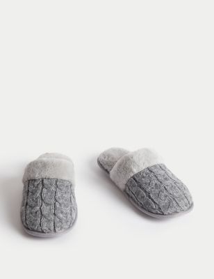 Cable Knit Faux Fur Lined Mule Slippers