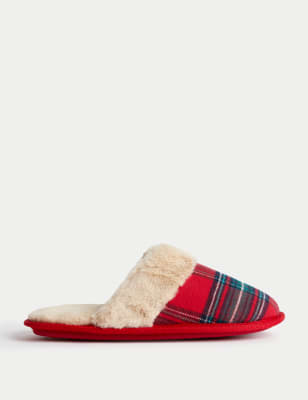 

Womens M&S Collection Checked Faux Fur Lined Mule Slippers - Red Mix, Red Mix