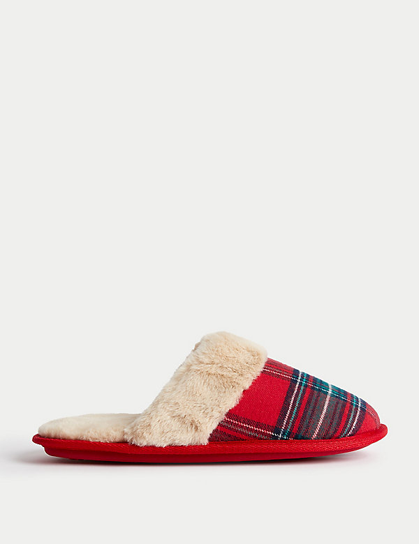 Checked Faux Fur Lined Mule Slippers - RO