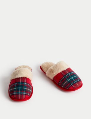 Checked Faux Fur Lined Mule Slippers