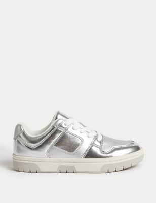 M&S Womens Lace Up Metallic Trainers - 4 - Silver, Silver