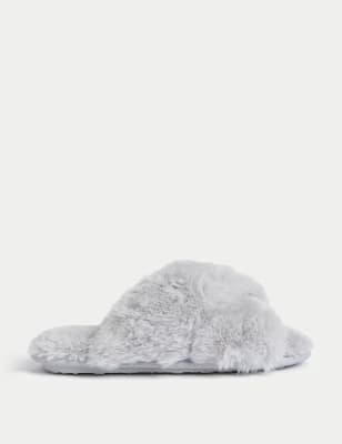 M&S Women's Faux Fur Crossover Slider Slippers - Light Grey, Light Grey,Honey