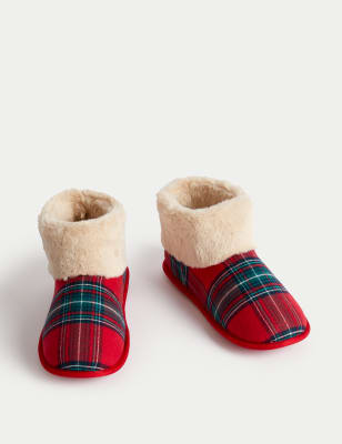 Checked Faux Fur Cuff Slipper Boots