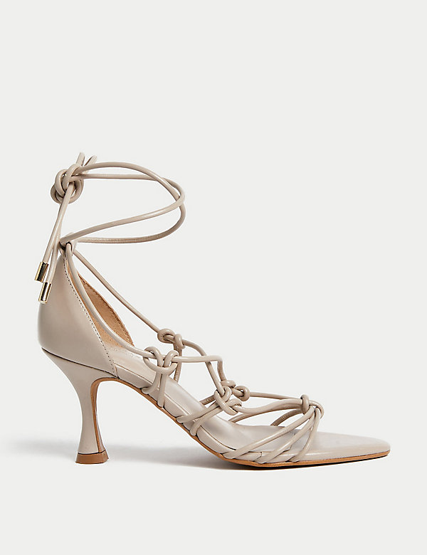Leather Knot Strappy Stiletto Heel Sandals - HU