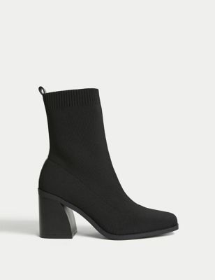 M&S Womens Block Heel Sock Boots - 4 - Black, Black