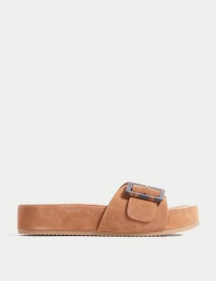 

Womens Per Una Suede Buckle Footbed Sliders - Tan, Tan