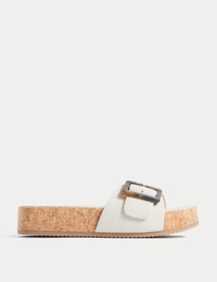 

Womens Per Una Leather Buckle Footbed Sliders - White, White
