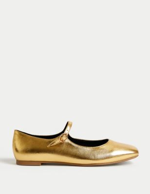 M&S Womens Metallic Buckle Flat Ballet Pumps - 3 - Gold, Gold