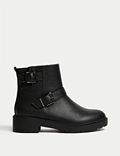 Biker Buckle Flat Round Toe Ankle Boots