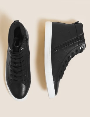 M&S Womens Lace Up Eyelet Detail High Top Trainers - 3 - Black, Black