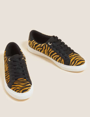M&S Womens Lace Up Animal Print Eyelet Detail Trainers - 3 - Brown Mix, Brown Mix