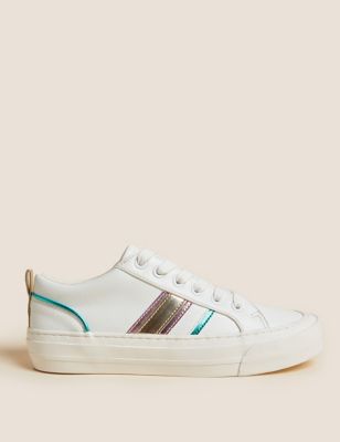 Womens M&S Collection Lace Up Striped Trainers - White Mix, White Mix