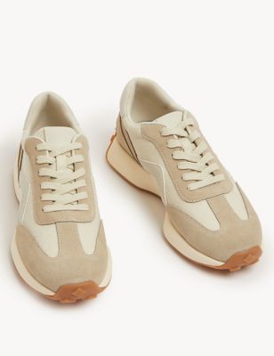 M&S Womens Leather Lace Up Side Detail Trainers - 3 - Beige, Beige,Black Mix,Air Force Blue,Multi/Pa