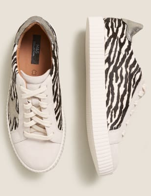 M&S Womens Lace Up Suede Animal Print Star Trainers - 3 - Black Mix, Black Mix