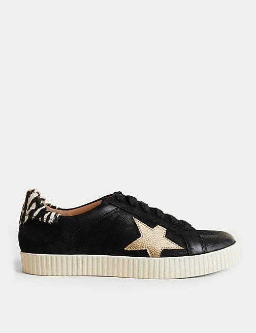 Marks And Spencer Womens M&S Collection Lace Up Leather Star Trainers - Black Mix, Black Mix