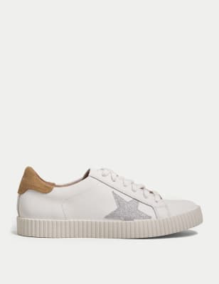 Marks And Spencer Womens M&S Collection Lace Up Leather Star Trainers - White Mix, White Mix