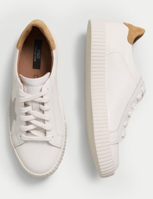 M&S Womens Lace Up Leather Star Trainers - 3 - White Mix, White Mix