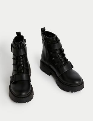 Chunky Buckle Flatform Ankle Boots