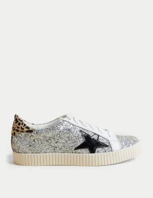 

M&S Collection Zapatillas deportivas de estrellas de piel con cordones y brillosWomens - Silver Mix, Silver Mix
