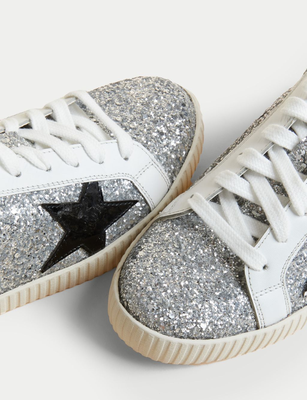 Leather Lace Up Glitter Star Trainers image 2