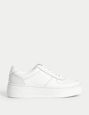 M&S Womens Leather Lace Up Chunky Trainers - 5 - White, White,Black Mix