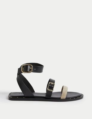 Leather Buckle Strappy Flat Sandals - SE