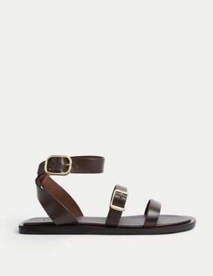 Leather Buckle Strappy Flat Sandals - VN