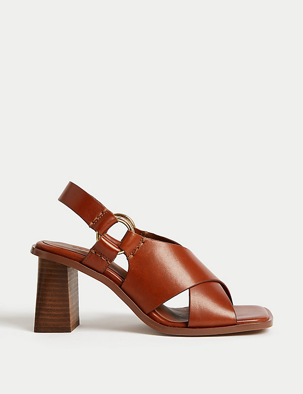 Block Heel Leather Sandals - NZ
