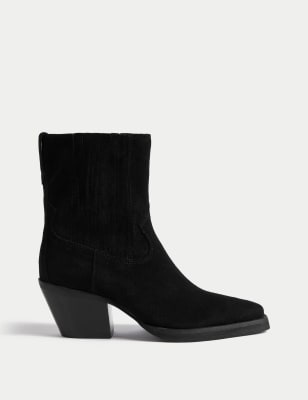 Suede Cowboy Block Heel Ankle Boots - LU