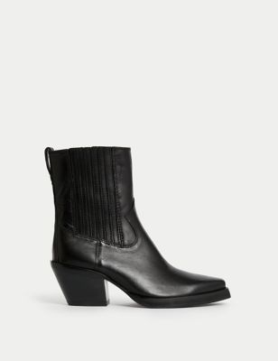 Leather Cow Boy Block Heel Ankle Boots