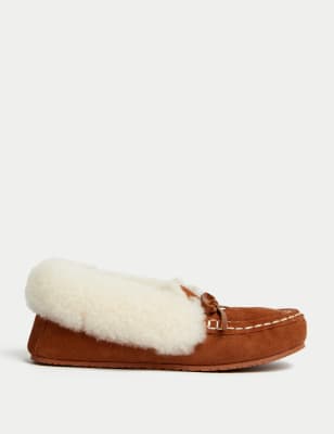 

Womens M&S Collection Suede Shearling Cuff Moccasin Slippers - Dark Tan, Dark Tan