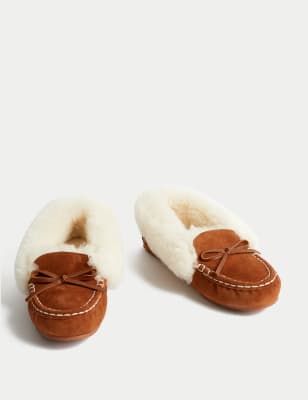 Suede Shearling Cuff Moccasin Slippers