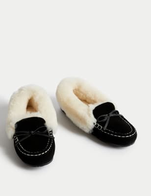 Suede Shearling Cuff Moccasin Slippers