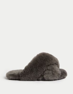 M&S Womens Shearling Crossover Slider Slippers - M - Mid Grey, Mid Grey