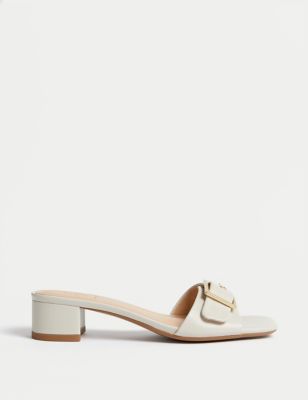 M&S Womens Leather Buckle Block Heel Sandals - 4 - White, White