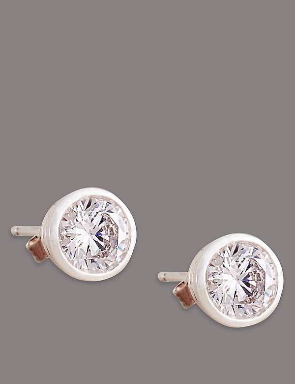 Sterling Silver Floating Stone Diamanté Stud Earrings - US