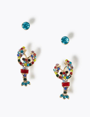 Oorbellenset met kreeft en glittersteentjes