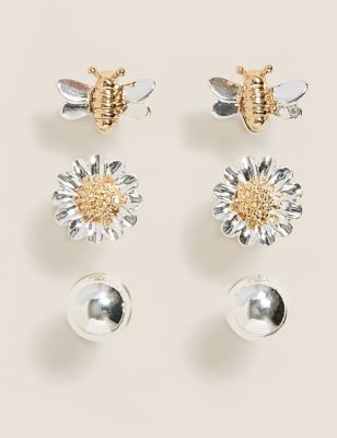  Lot de 3 paires de puces d'oreilles à motif abeille - Argent Assorti