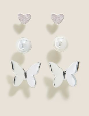  Lot de 3 paires de puces d'oreilles à motif papillon - Argent