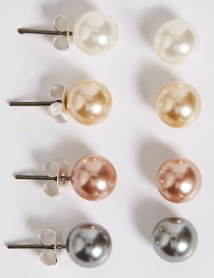  Lot de 4 paires de boucles d'oreilles ornées de fausses perles - Crème Assorti