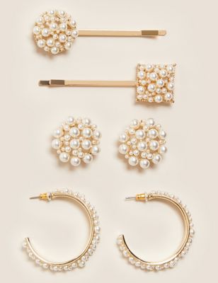  Ensemble barrette et boucles d'oreilles ornées de perles - Blanc Assorti
