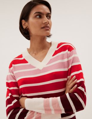 

Womens M&S Collection Supersoft Striped V-Neck Jumper - Red Mix, Red Mix