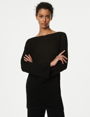 

Womens M&S Collection Ribbed Slash Neck Longline Jumper - Black, Black