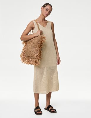 M&S Womens Cotton Rich Knitted V-Neck Midi Dress - L - Neutral, Neutral