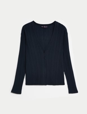Ribbed V-Neck Button Front Cardigan