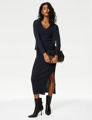 Ribbed Knitted Side Split Midi Skirt M S IT