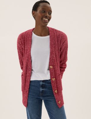 

Womens M&S Collection V-Neck Relaxed Longline Boyfriend Cardigan - Red Mix, Red Mix
