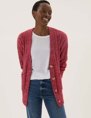 

Womens M&S Collection V-Neck Relaxed Longline Boyfriend Cardigan - Red Mix, Red Mix