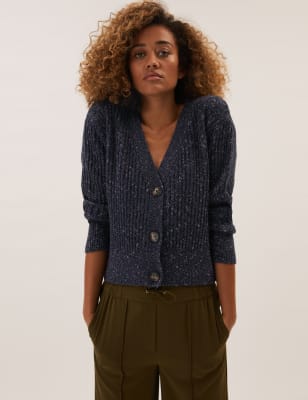 

Womens M&S Collection Textured V-Neck Cardigan - Navy Mix, Navy Mix