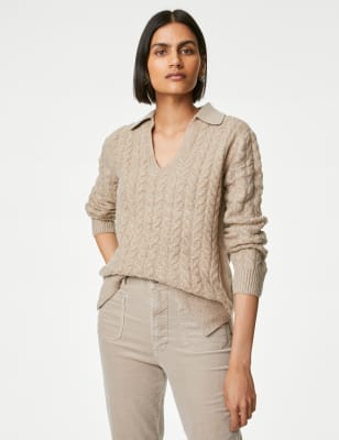 

Womens M&S Collection Cable Knit Collared Split Hem Jumper - Cappuccino, Cappuccino